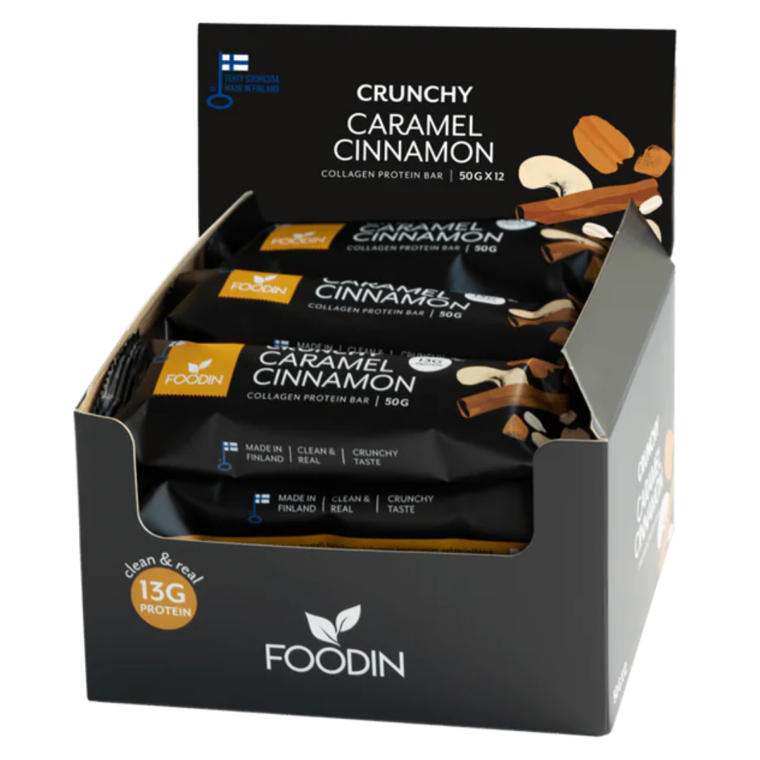 Foodin Crunchy Collagen Protein Bar Caramel Cinnamon - Kollageeniproteiinipatukka Tukkupakkaus 12 x 50g - Sinunapteekki.fi