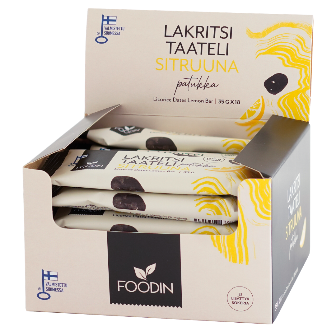 Foodin Lakritsitaatelipatukka Sitruuna 18 x 35 g TUKKUPAKKAUS - Sinunapteekki.fi