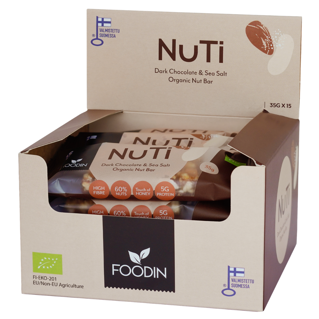 Foodin NUTI Dark Chocolate & Sea Salt - Pähkinäpatukka TUKKUPAKKAUS 15x35g - Sinunapteekki.fi