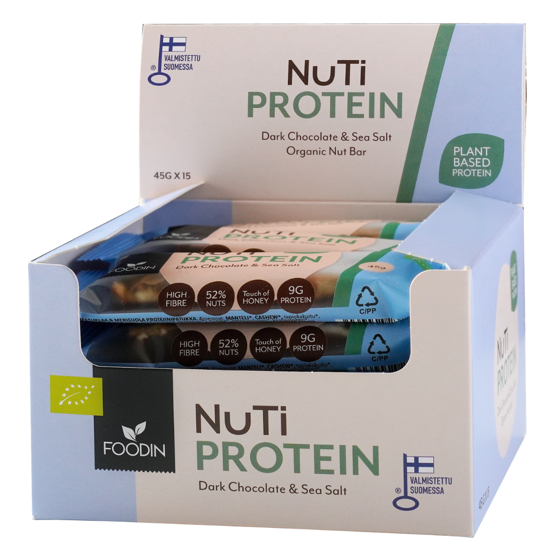 Foodin NUTI Protein Dark Chocolate & Sea Salt - Proteiinipähkinäpatukka 45 g x 15 kpl TUKKUPAKKAUS - Sinunapteekki.fi