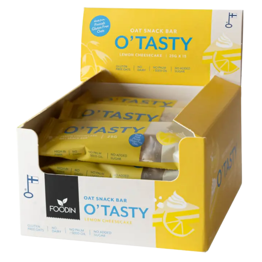 Foodin O'Tasty Oat Snack Bar Lemon Cheesecake - Kaurapatukka Sitruunajuustokakku 15 kpl x 25 g TUKKUPAKKAUS - Sinunapteekki.fi
