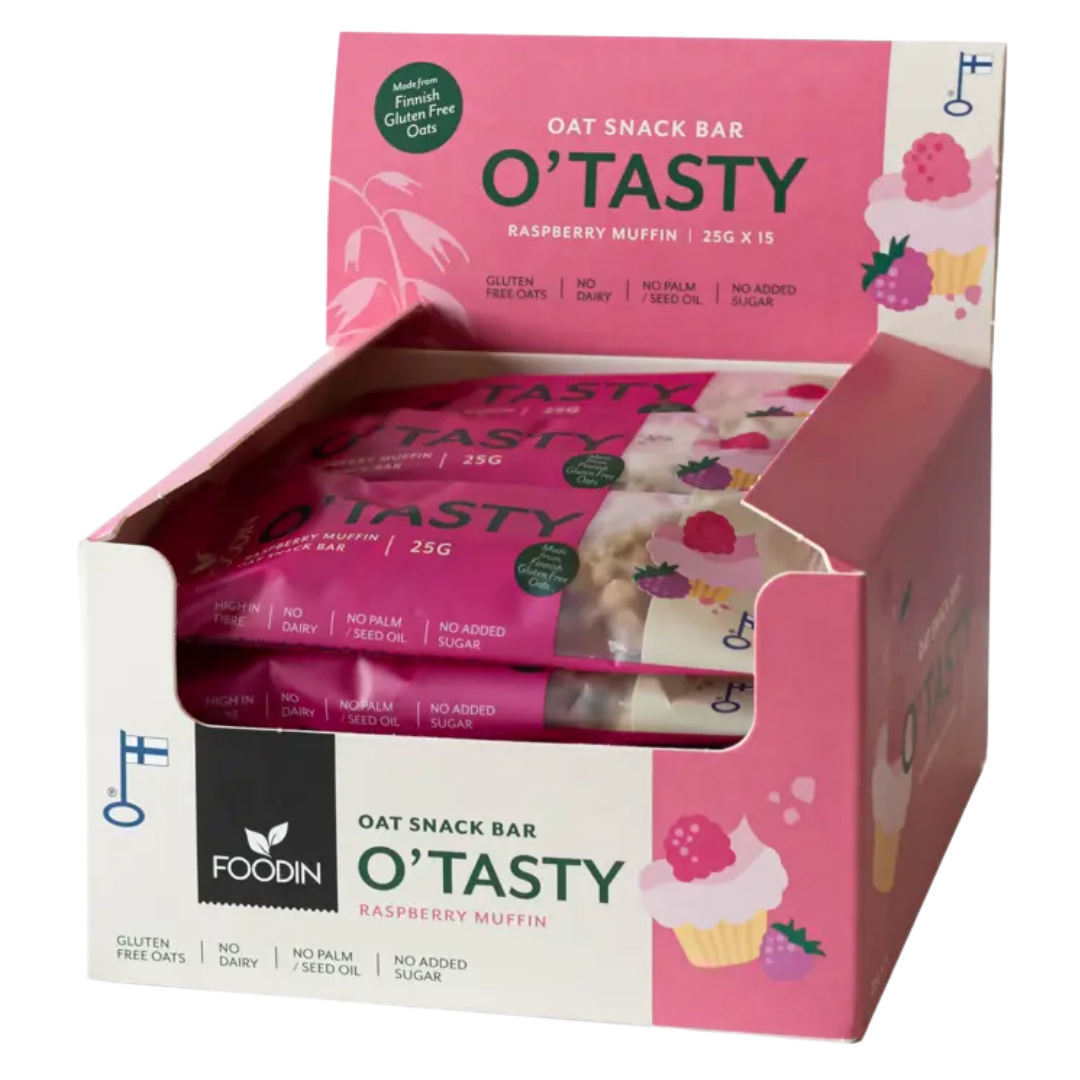 Foodin O'Tasty Oat Snack Bar Rasberry Muffin - Kaurapatukka Vadelmamuffinsi 15 kpl x 25 g TUKKUPAKKAUS - Sinunapteekki.fi