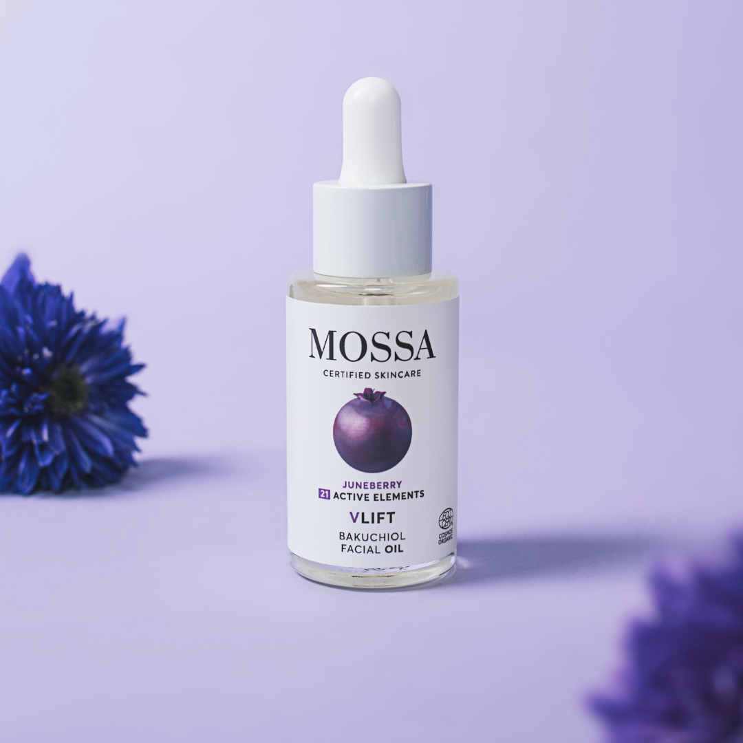 Mossa V Lift Bakuchiol Facial Oil -kasvoöljy auttaa ylläpitämään ihon nuorekasta hehkua ja suojaamaan sitä ympäristön aiheuttamilta rasitteilta