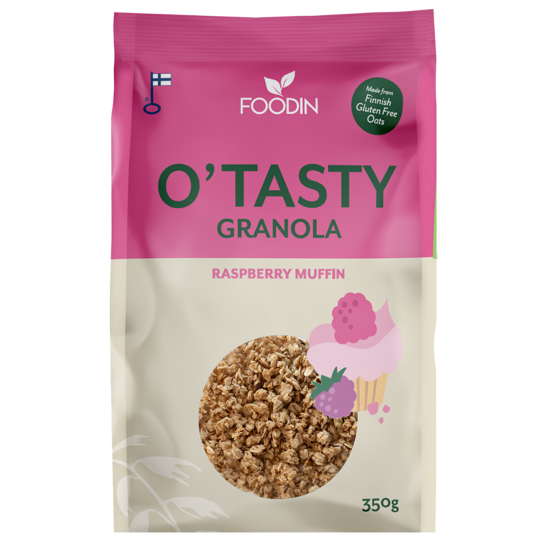 Foodin O'Tasty Granola Rasberry Muffin - Kauragranola Vadelmamuffinsi 350 g - Sinunapteekki.fi
