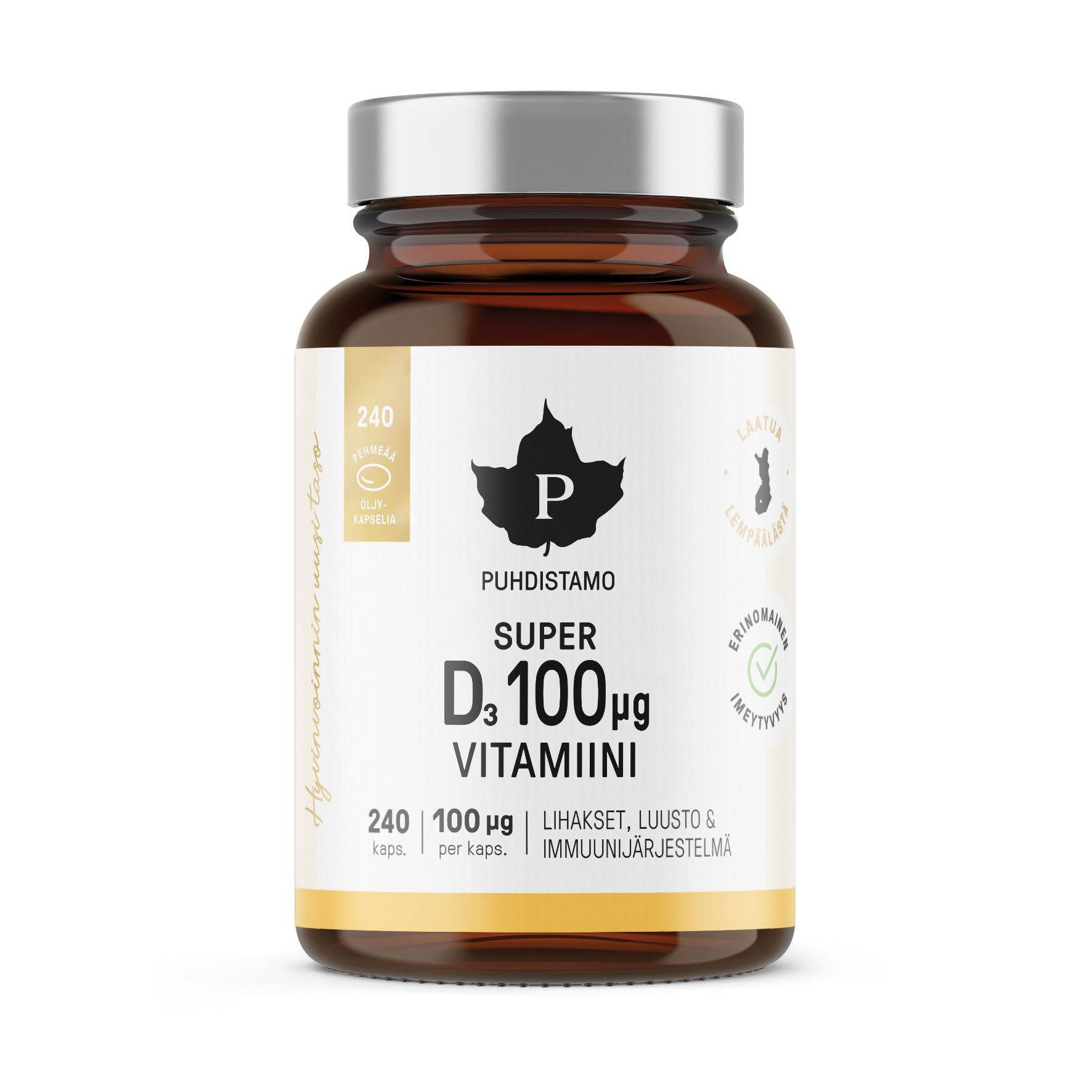 Puhdistamo Super D3-vitamiini 100 µg SÄÄSTÖPAKKAUS 240 kaps. - Sinunapteekki.fi