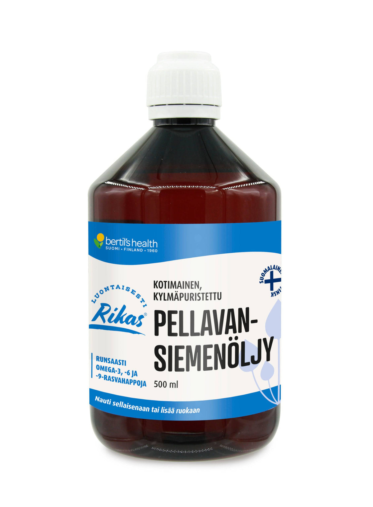 Bertil's Health Kotimainen Kylmäpuristettu Pellavansiemenöljy 500 ml - Päiväys 02/2025 - Sinunapteekki.fi