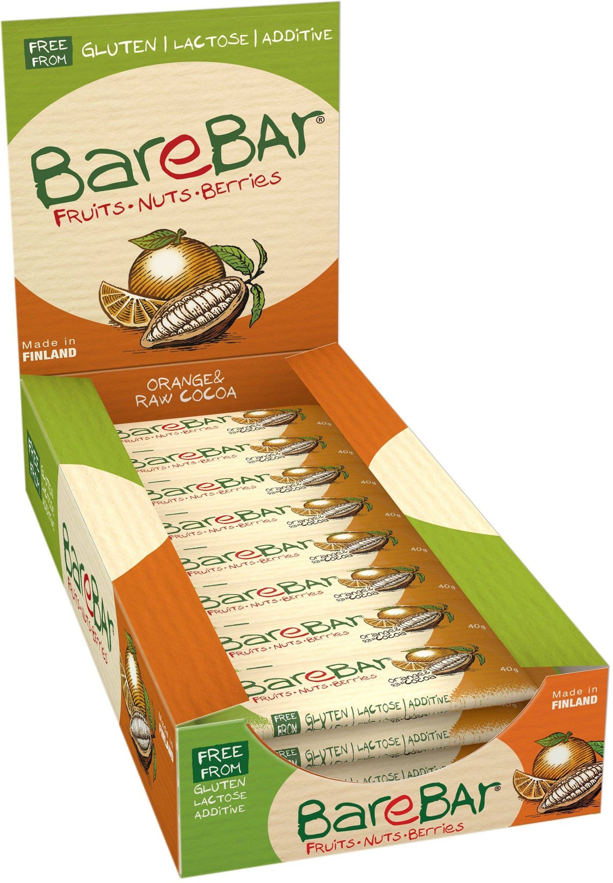 Leader BareBar Appelsiini-Raakakaakaopatukka 24 x 40g tukkupakkaus - Uudistunut - Sinunapteekki.fi