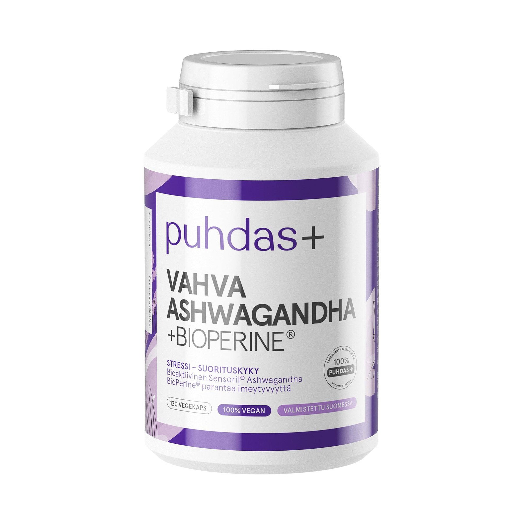 Puhdas+ Vahva Ashwagandha + Bioperine 120 kaps. - Päiväys 05/2023 - Sinunapteekki.fi